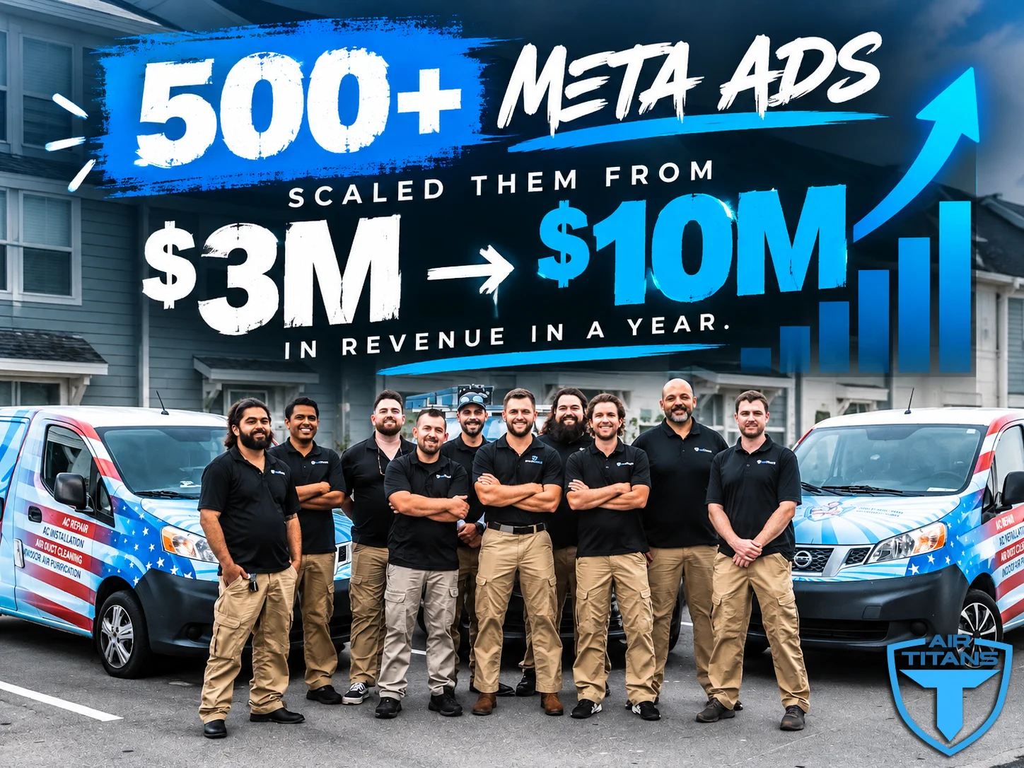 Air Titans team in front of their branded vans, with creative for their Meta ads campaign